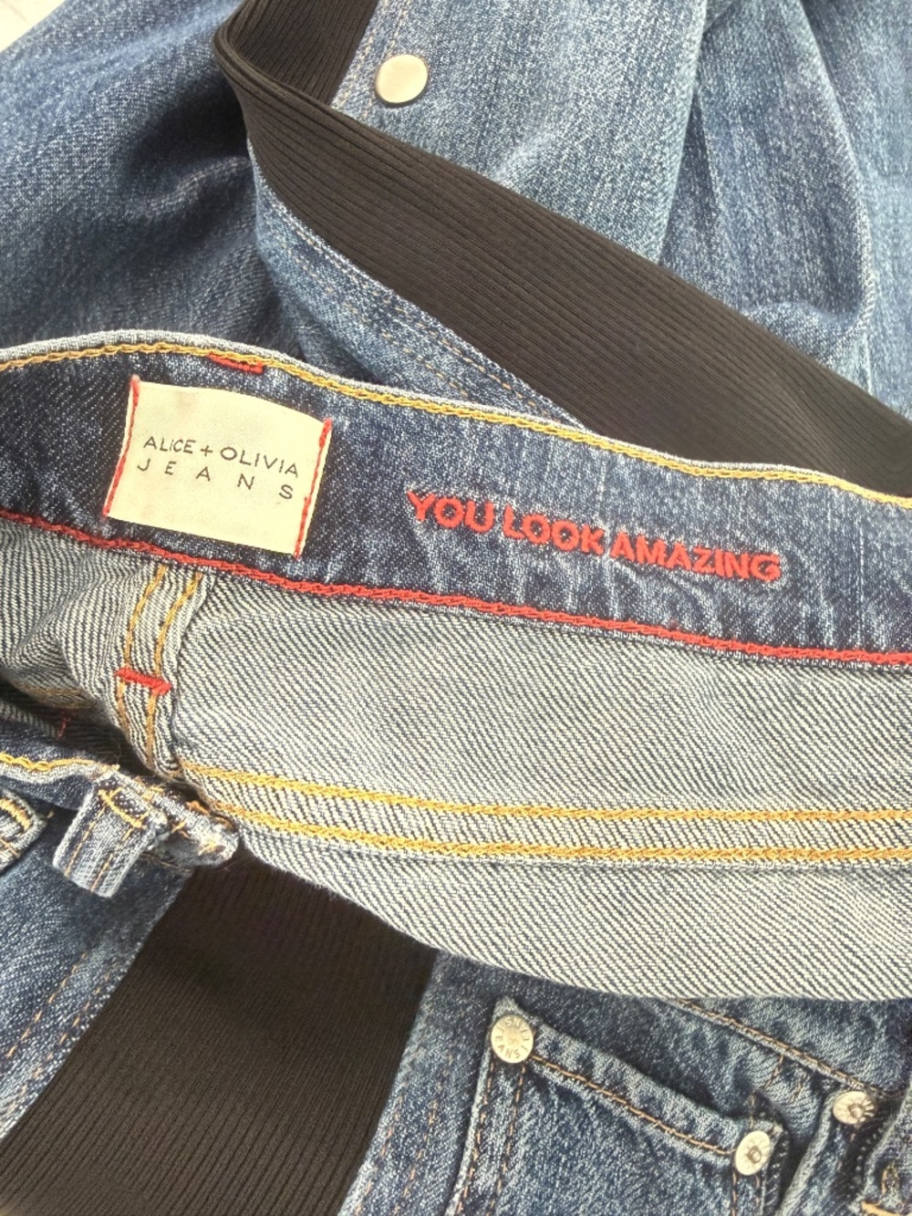 Alice + Olivia Amazing Low Rise Wide Leg Snap Trim Jeans in the "Cambria Vintage - Picture 12 of 12